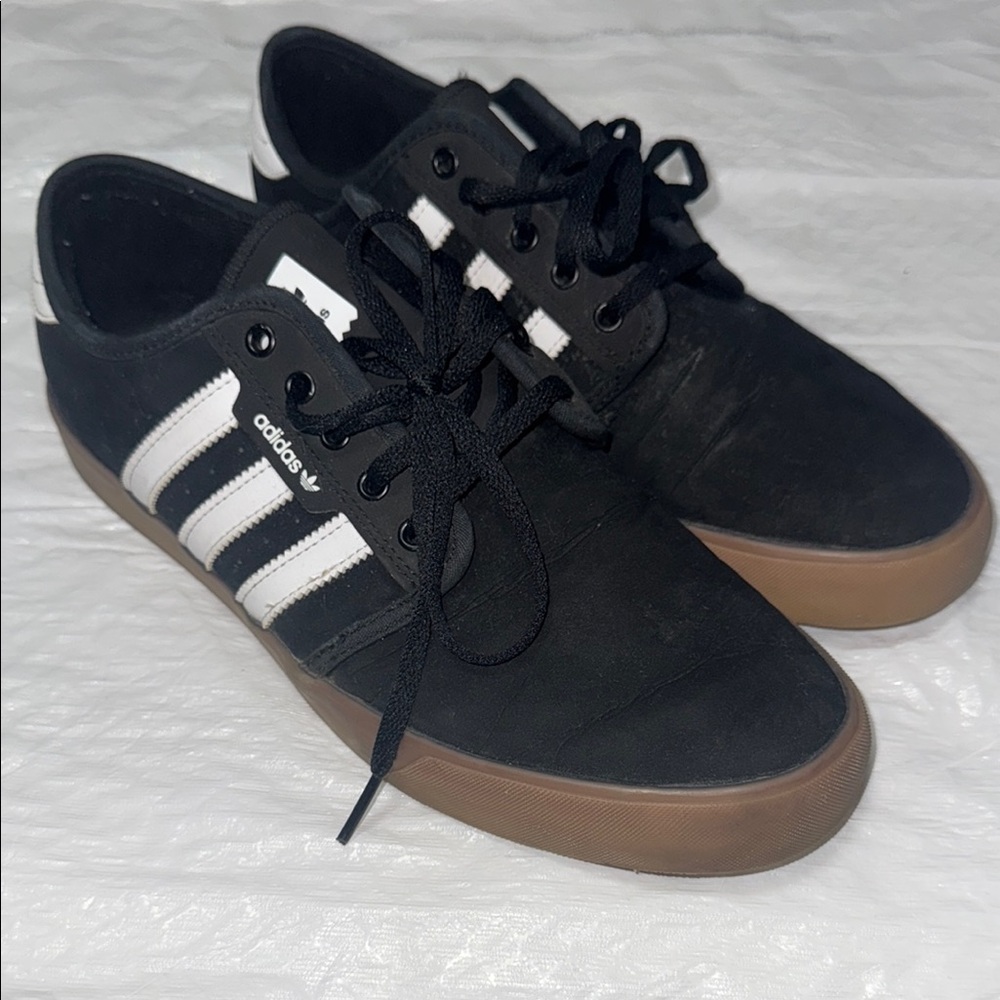 Adidas Men's Black and White Sneakers with Brown Sole